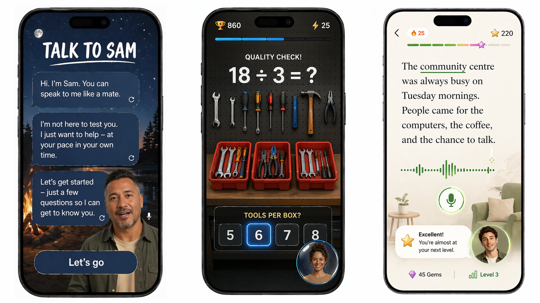Three mobile screens showing My Coach in action: the Coach arriving and introducing themselves, the Numeracy game with a quality check scenario, and the Reading Aloud module with the Coach listening.